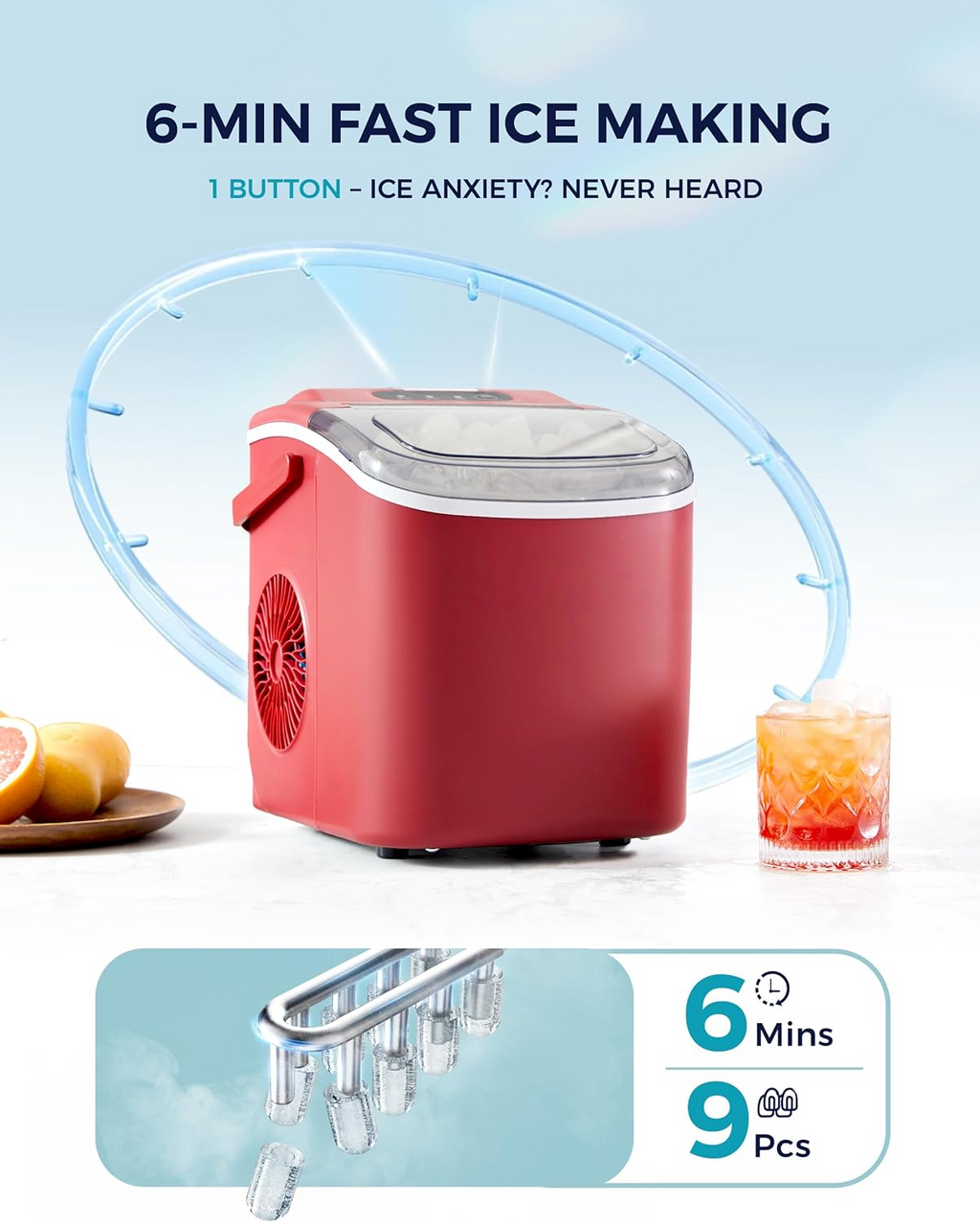 Countertop Ice Maker with Handle, 26Lbs Per Day, 9 Ice Cubes Ready in 6 Mins, Auto-Cleaning Portable Ice Maker with Basket & Scoop for Home Kitchen Camping RV, Red