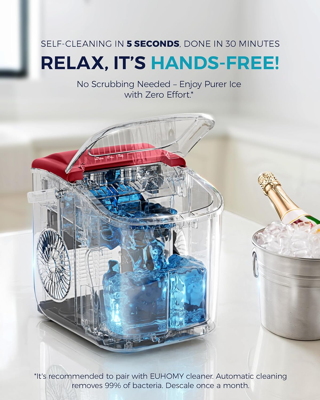 Countertop Ice Maker with Handle, 26Lbs Per Day, 9 Ice Cubes Ready in 6 Mins, Auto-Cleaning Portable Ice Maker with Basket & Scoop for Home Kitchen Camping RV, Red