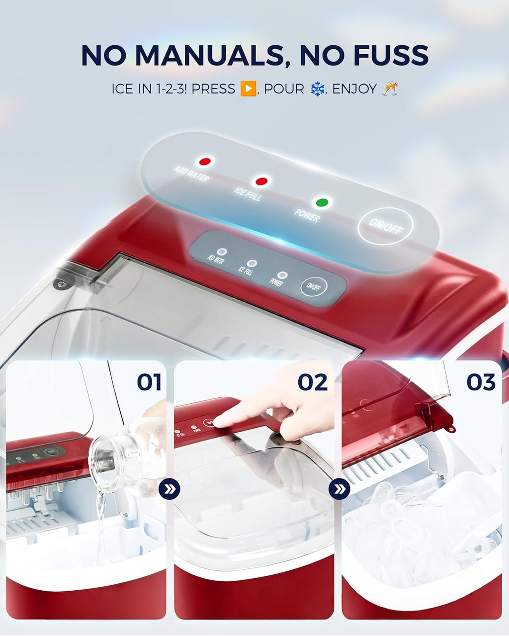 Countertop Ice Maker with Handle, 26Lbs Per Day, 9 Ice Cubes Ready in 6 Mins, Auto-Cleaning Portable Ice Maker with Basket & Scoop for Home Kitchen Camping RV, Red