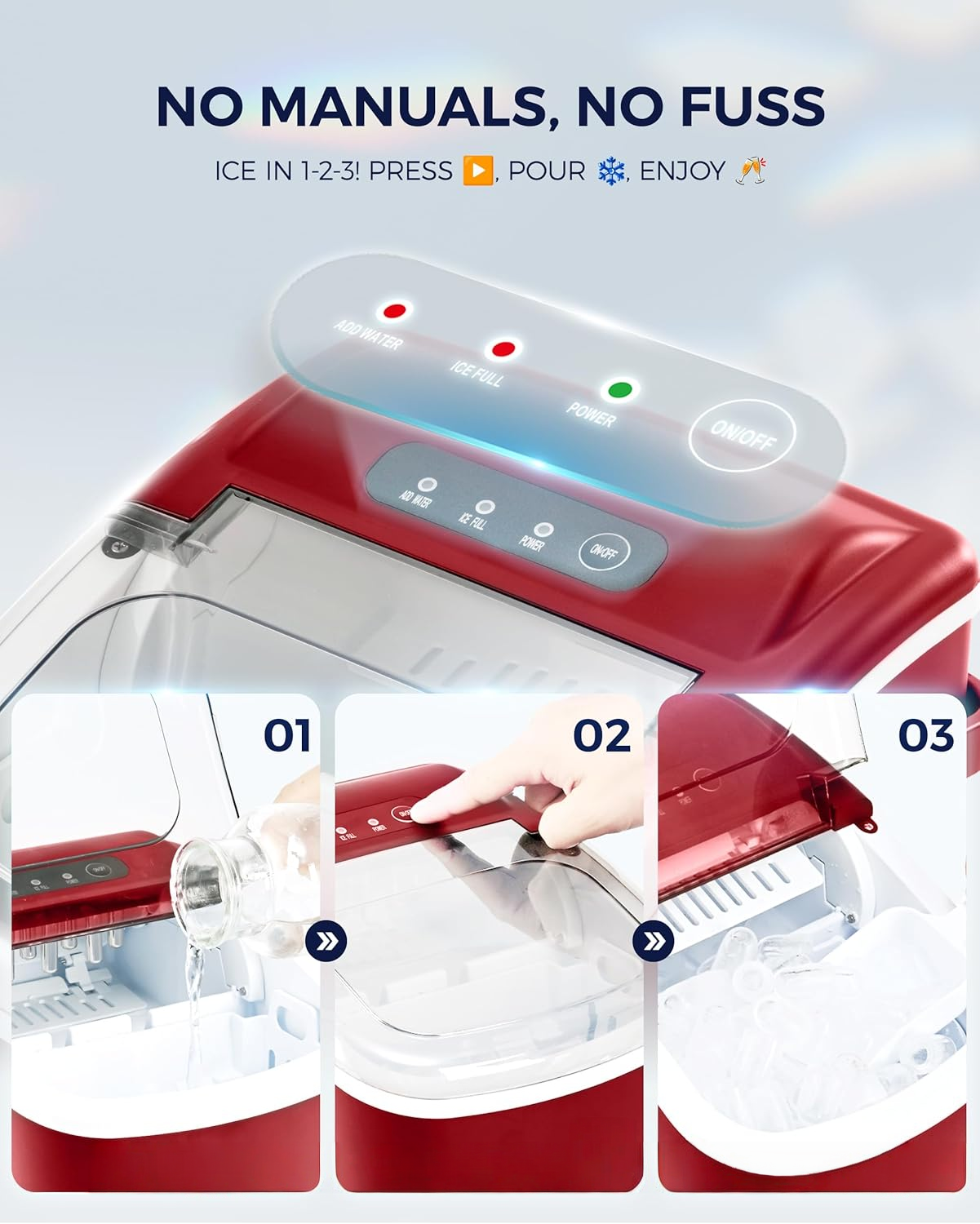 Countertop Ice Maker with Handle, 26Lbs Per Day, 9 Ice Cubes Ready in 6 Mins, Auto-Cleaning Portable Ice Maker with Basket & Scoop for Home Kitchen Camping RV, Red