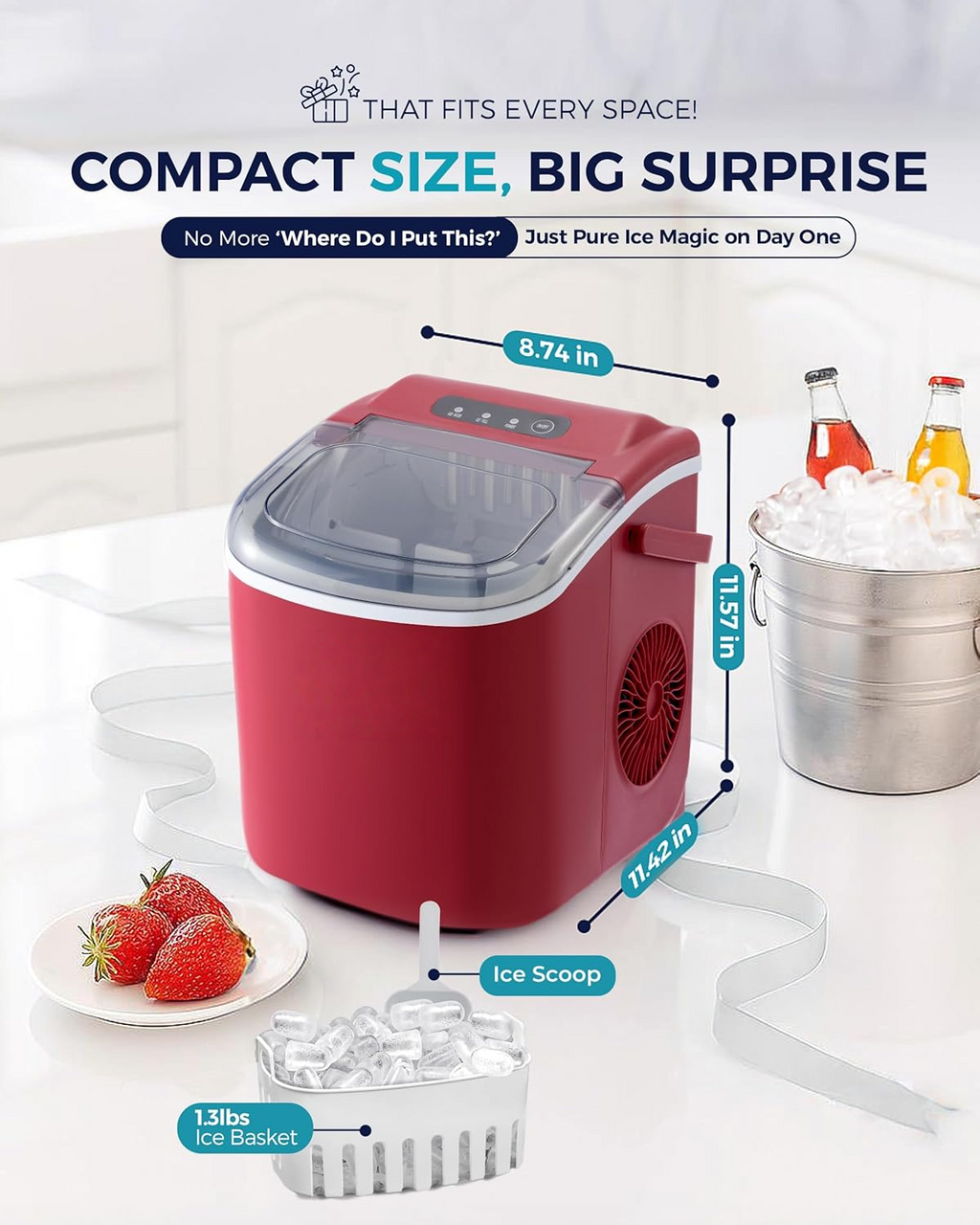 Countertop Ice Maker with Handle, 26Lbs Per Day, 9 Ice Cubes Ready in 6 Mins, Auto-Cleaning Portable Ice Maker with Basket & Scoop for Home Kitchen Camping RV, Red